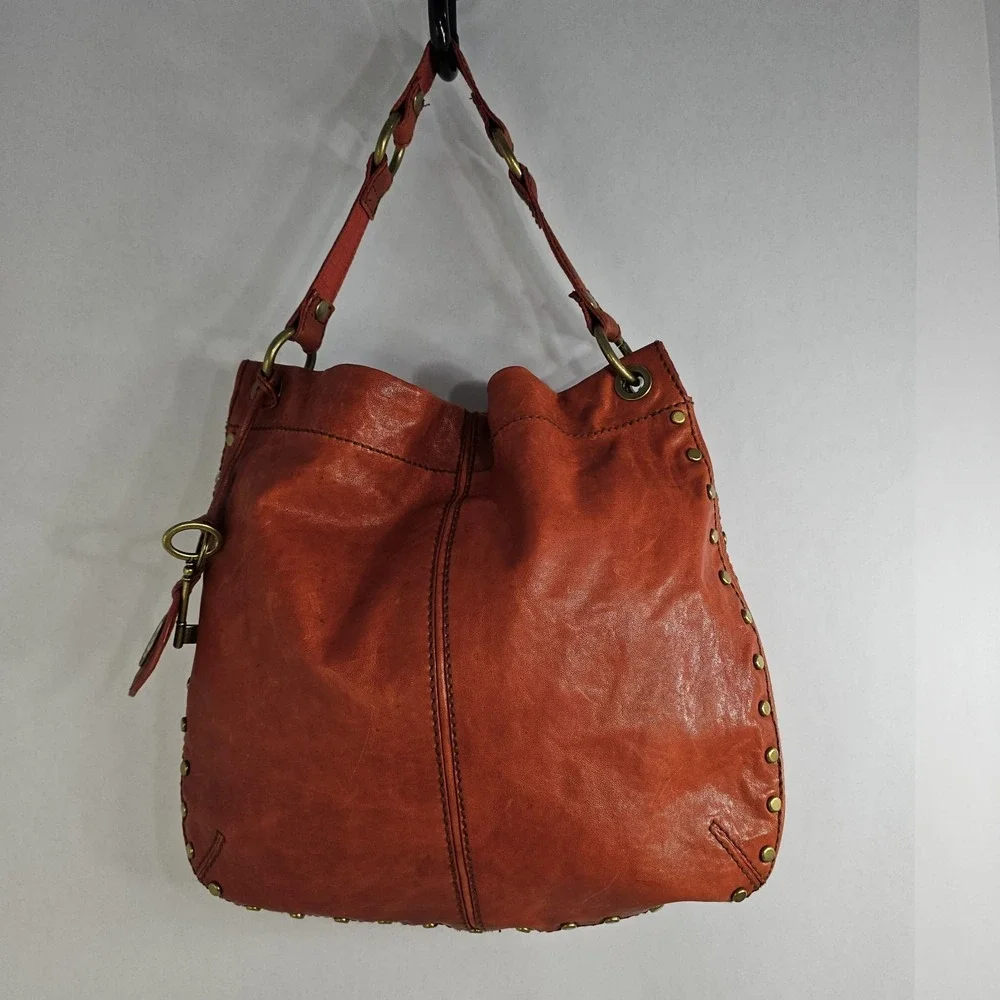 Fossil Long Live Vintage Hobo Burnt Orange Leather Brass Studded